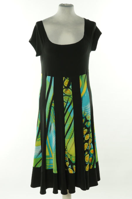 Sukienka czarna z zielono-żółtym dołem